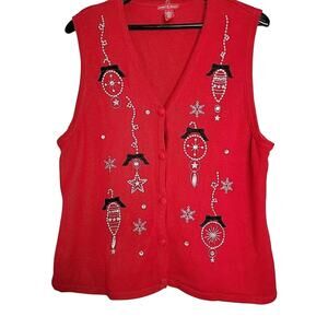 Merry & Bright Sequin Rhinestone Ornaments Christmas Holiday Sweater Vest Sz L